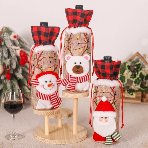 Copri Bottiglia Di Vino Di Natale Sacco Di Juta Quadri Buffalo Bordo Ecopelliccia Babbo Natale Renna Decorazioni Tavola