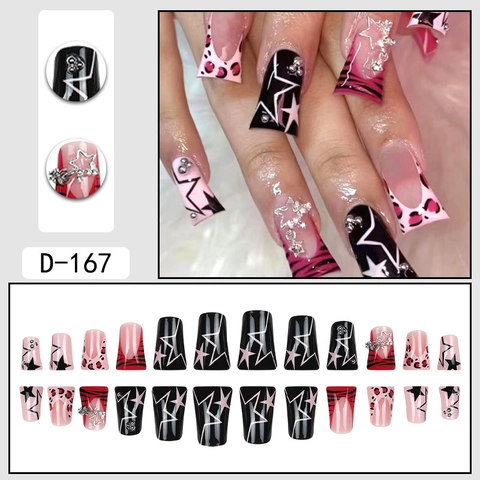 Press On Nägel Lang Coffin Y2K Leopard Stern Muster Mit Strass Stern Anhänger Trendige Künstliche Fingernägel Für Frauen