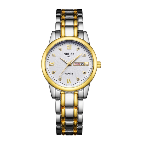 Women Quartz Watch Stainless Steel Band Date Day Display Luminous Business Casual Wristwatch Rhinestone Accents