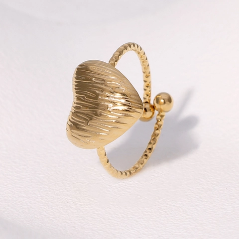 Women Heart Open Ring Stainless Steel 18K Gold Plated Adjustable Vertical Texture Twist Design
