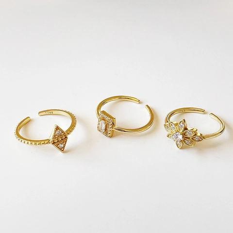 925 Sterling Silver Rings For Women Gold Plated Cubic Zirconia Adjustable Open Ring Geometric Flower Minimalist