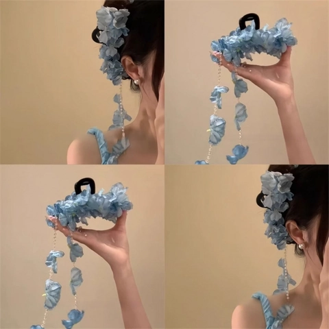 Molletta Per Capelli Fiore In Tessuto Con Nappa Di Künstliche Perle Imitazione Elegante Stile Cinese Floreale Shark Clip Accessorio Donna