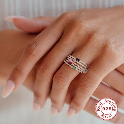 Anello In Argento Sterling 925 Placcato Oro Zirconia Pietra Colorata Taglio Baguette Gioielli Minimalisti Delicati Per Donna Fidanzamento