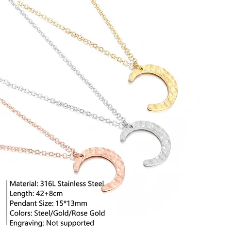 Collana con Pendente a Mezzaluna in Acciaio Inossidabile 316L Minimalista per Donna Texture Martellata Oro Argento Oro Rosa Gioielli