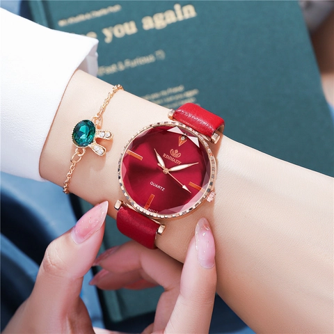 Women Quartz Watch PU Leather Strap Alloy Case Rhinestone Simple Fashion Sunburst Dial Analog For Lady