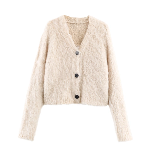 Cárdigan De Punto Felpa Mujer Cuello En V Manga Larga Suéter Corto Suave Sólido Botones Otoño Invierno Casual