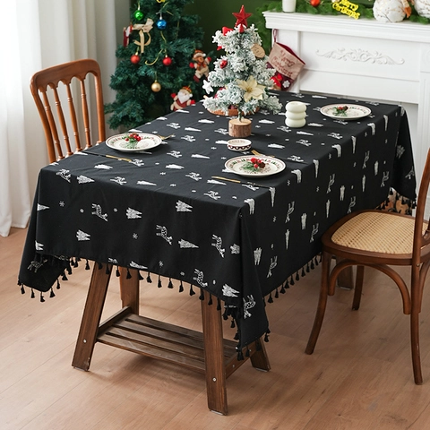 Tovaglia Di Natale In Lino Rettangolare Stampa Renna Albero Di Natale Antipolvere Decorazione Cena Con Nappa