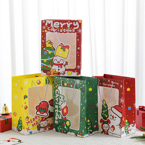 Sacs Cadeaux De Noël En Papier Avec Fenêtre Transparente Motifs De Bonhomme De Neige Arbre Élan Poignée Étiquettes Décoratives