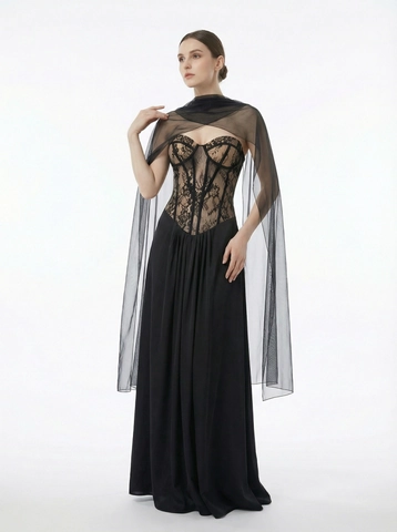 Robe De Soirée Longue Élégante En Dentelle Avec Corset Et Châle En Maille Transparente Tenue Formelle Femmes