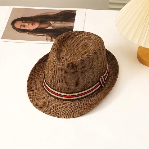 Cappello Fedora Di Paglia Uomo Donna Estate Protezione Solare Jazz Cap Tesa Corta Fascia Rigata Spiaggia