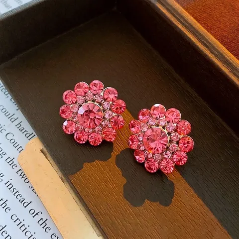 Flower Stud Earrings Alloy Rhinestone Pink Crystal With 925 Sterling Silver Earring Post Fashion Jewelry For Women