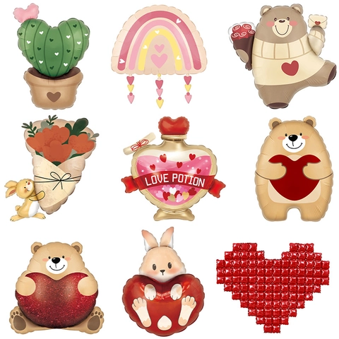 Valentine Day Aluminum Foil Balloons Romantic Heart Teddy Bear Cherry Lips Rainbow Cactus Rabbit For Wedding Proposal Decoration