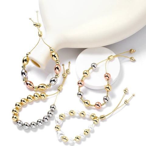 Beaded Slider Bracelet For Women Copper Metal Beads Adjustable Gold Silver Rose Gold Polished Jewelry