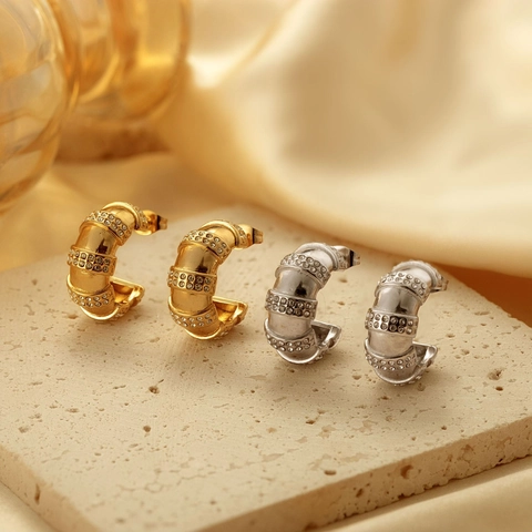 Orecchini A Cerchio A Forma Di C Da Donna Con Perno In Acciaio Inossidabile Zircone Lega A Righe Moda Di Lusso