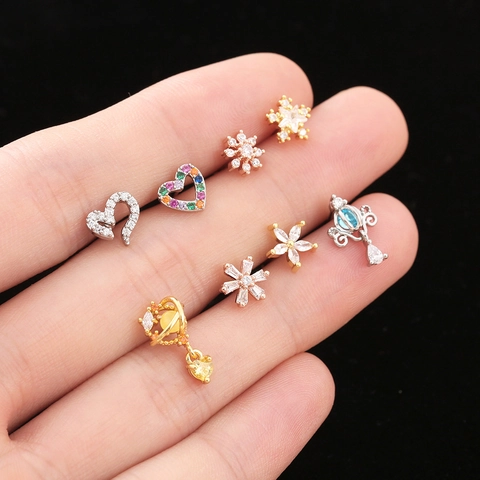 Acier Inoxydable Cuivre Zircone Cœur Étoile Flocon De Neige Couronne Planète Clous De Cartilage Spirale Dos Piercing Bijoux