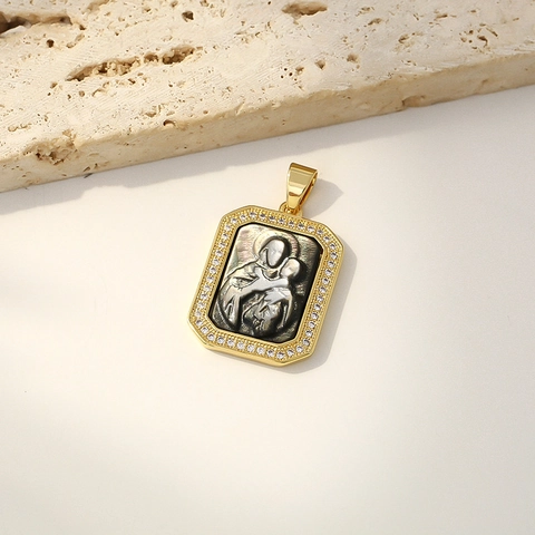 Religious Figure Pendant Necklace Gold Plated Copper Natural Mother Of Artificial Pearl Shell Carved Saint Vintage Jewelry