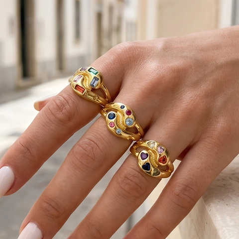 Vintage Gold Überzogener Kupferner Offener Ring Für Damen Bunte Herz Rechteck Zirkonia Eingelegt Einstellbarer Mode Ring