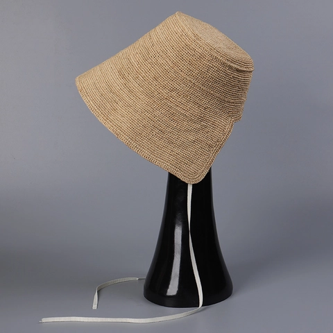 Cappello Di Paglia Di Rafia Elegante Francese Pieghevole All'Uncinetto Per Il Sole Con Nastro Ondulato Per Spiaggia Estate