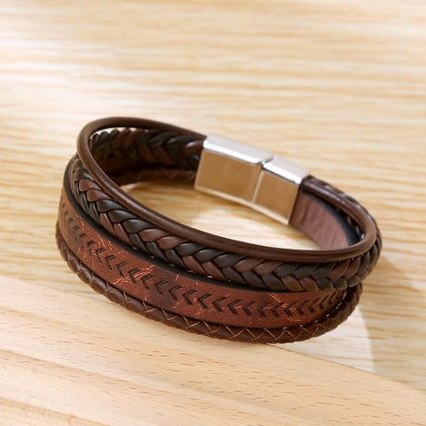 Bracciale Da Uomo In Pelle Intrecciata Multistrato Chiusura Magnetica In Lega Vintage Fatto A Mano