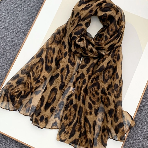 Fashion Women Leopard Print Voile Scarf Lightweight Sun Protection Long Shawl Wrap Retro Animal Pattern Printed