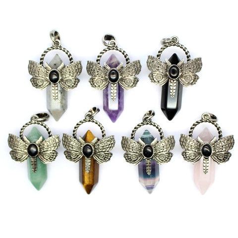 Dragonfly Moth Hexagonal Pillar Natural Stone Crystal Gemstone Pendant Necklace Retro Vintage Style Jewelry For Women