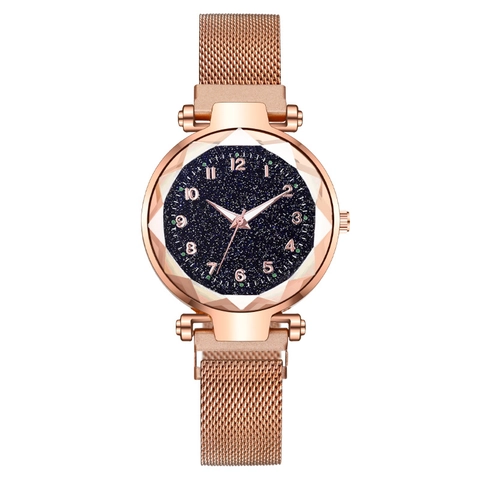 Orologio al Quarzo Donna Cielo Stellato Cinturino Milanese Magnetico Vetro Sfaccettato Quadrante Rotondo Elegante Regalo