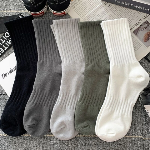 Men Crew Socks Ribbed Knit Solid Color Breathable Sweat Absorbent Casual Sports Polyester Mid-Calf