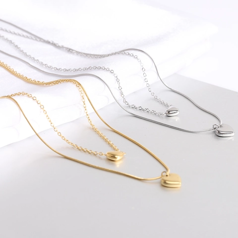 Collana con Pendente a Cuore a Doppio Strato in Acciaio Inossidabile 304 Catena a Serpente Catena a O Oro Argento Gioielli Donna