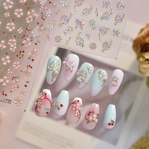 3D Relief Nail Art Stickers Embossed Floral Peony Butterfly Decals Gold Edging Mother Of Artificial Pearl Texture Manicure Decor