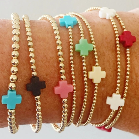 Bracciale Di Perline In Rame Dorato Con Ciondoli A Croce Colorati Gioiello Di Moda Impilabile