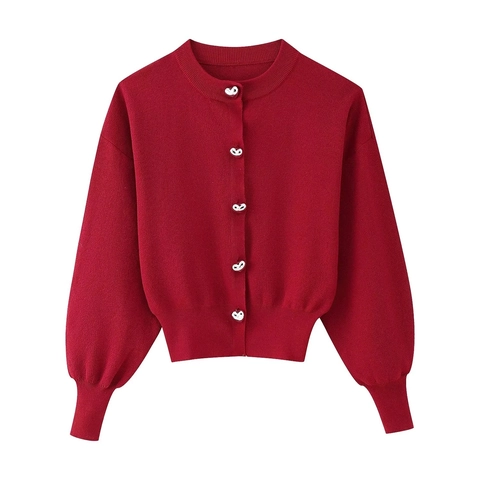 Damen Strickjacke Rot Herzförmige Silberne Knöpfe Langarm Rundhalsausschnitt Lässiger Pullover