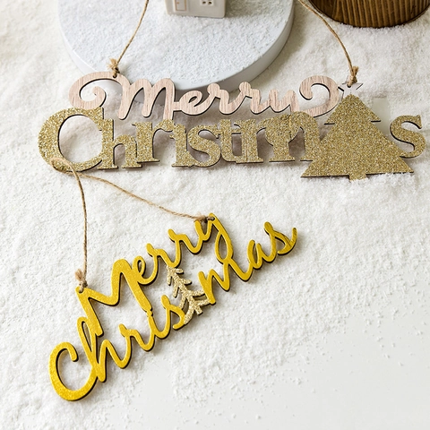 Christmas Hanging Ornaments Wooden Merry Christmas Plaque Glitter Letter Sign For Tree Wall Festive Home Decor