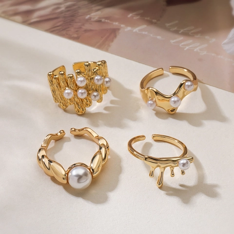 18K Gold Plated Copper Open Ring For Women Irregular Geometric Artificial Pearl Adjustable Minimalist Fashion Jewelry Finger Ring Gift