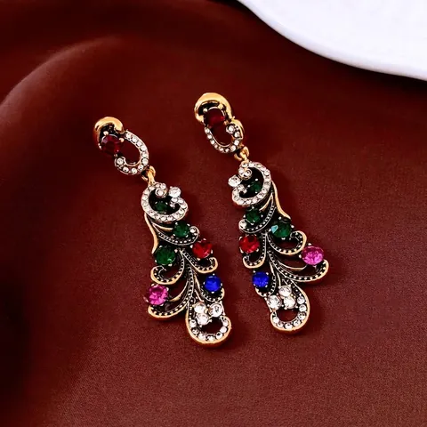 Pendientes Colgantes Vintage Aleación Oro Filigrana Con Poste De Plata Diamantes De Imitación Coloridos Geométricos Mujeres Fiesta