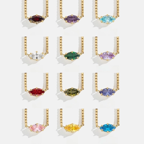 18K Gold Plated Birthstone Pendant Necklace Stainless Steel Marquise Cut Zircon Box Chain Vintage Jewelry For Women