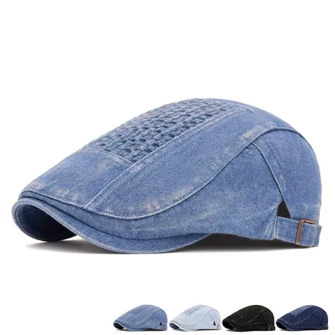 Washed Denim Flat Cap Retro Adjustable Beret Newsboy Hat Women Men Breathable Mesh Top Vintage Ivy Cabbie Cap For Casual