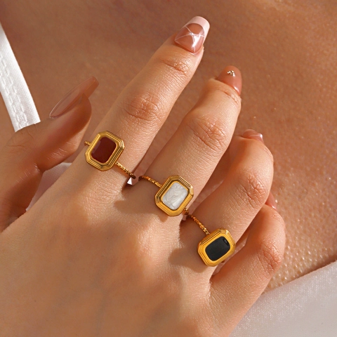 Vintage Geometrischer Quadratischer Ring Edelstahl Vergoldet Emaille Offener Verstellbarer Finger Schmuck Für Damen