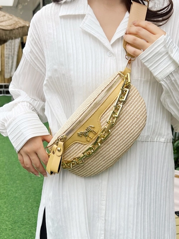 Damen Gewebte Stroh Gürteltasche Mode Brust Umhängetasche Mit Goldener Kette Dekoration Lässiger Reisestil