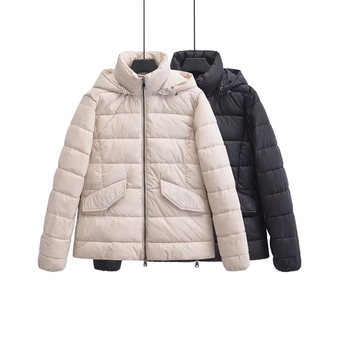 Women Hooded Puffer Jacket Polyester Quilted Thick Warm Winter Outerwear Casual Zipper Solid Color