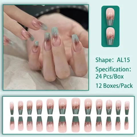 Press On Nails Long Coffin Gradient Marble Ink Texture Glossy Finish Full Cover Artificial Fingernails For Women Elegant