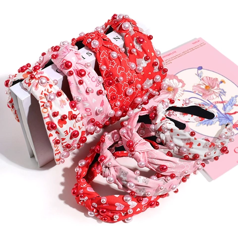Sweet Knotted Headband Fabric Wide Hair Hoop With Imitation Artificial Pearl Heart Bear Pattern For Women Girls Elegant Headwear
