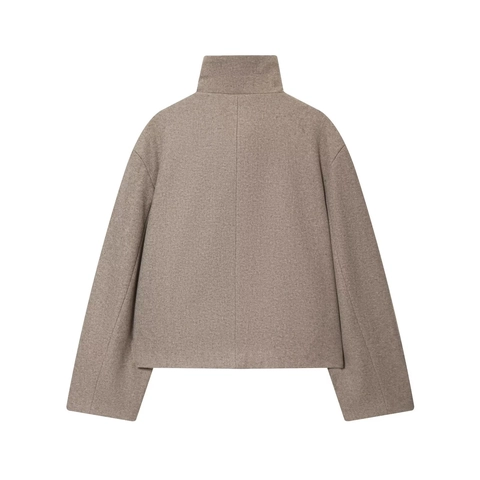 Women Stand Collar Woolen Jacket Loose Fit British Style Long Sleeve Short Wool Blend Coat With Leather Splicing Vintage