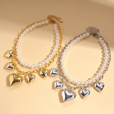 Collar De Doble Capa Con Perlas Artificiales De Imitación Y Colgantes De Corazón De Aleación Joyería Elegante Cadena De Suéter Con Cuentas Vintage