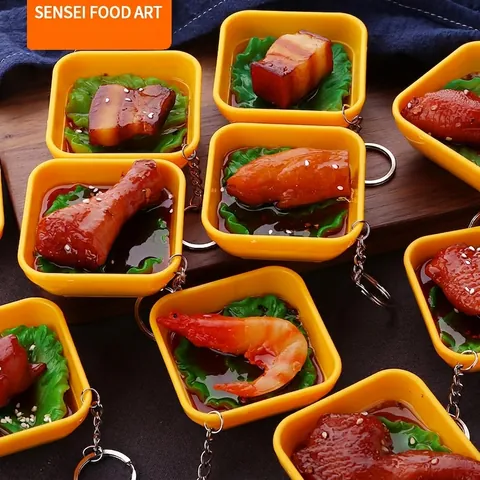 Realistic Simulation Food Keychain PVC Mini Braised Pork Chicken Wing Shrimp Bowl Model Bag Pendant Funny Gift Novelty