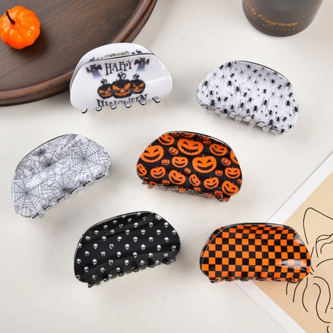 Halloween Hair Claw Clips Large Acetate Pumpkin Spider Skull Pattern Festive Party Headwear Accessory For Women