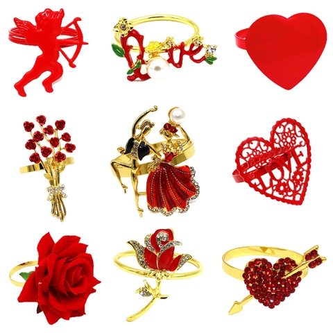 Anneaux Serviette Rose Coeur Alliage Strass Email Künstliche Perle Mariage Saint Valentin Décor Table Amour Cupidon Design