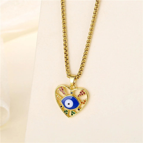 Collar Corazón Ojo Turco Azul Acero Inoxidable Circón Chapado En Oro Colgante Ojo Del Mal Joyería Moda Mujer