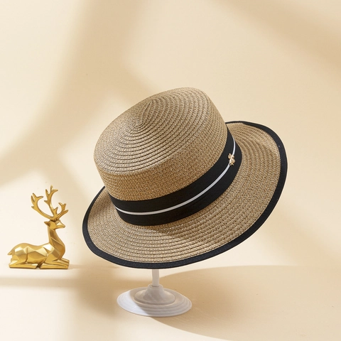 Sombrero Canotier Retro De Paja De Papel Con Abeja De Metal Y Cinta Para Playa Verano Protección Solar Mujer