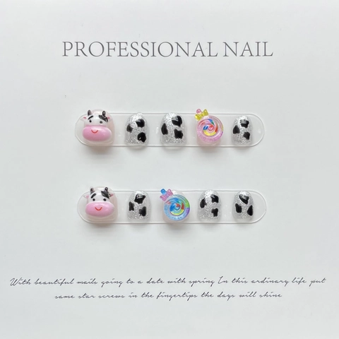 Handgemaakte Resin Kunstnagels Voor Kinderen Schattig Koeienpatroon 3D Dierenlolly Glitter Zoete Nagelkunst Voor Kinderen