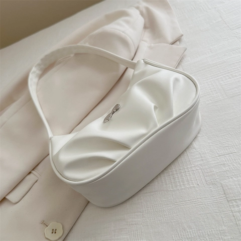 Butterfly Metal Buckle PU Leather Underarm Bag Pleated Half Moon Shoulder Bag For Women Casual Simple Retro Style